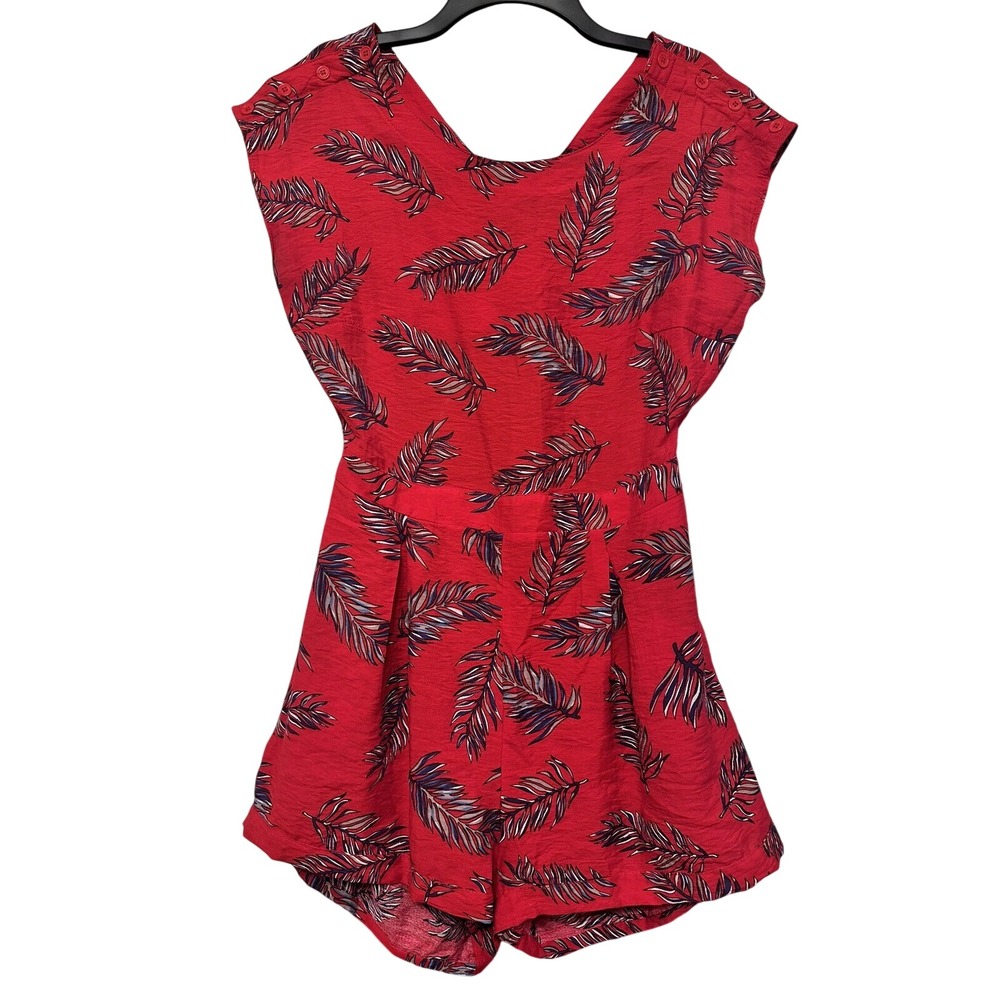 Hayden Los Angeles Romper Womens Large Red Tropical Leaf Feather Open Back Boho